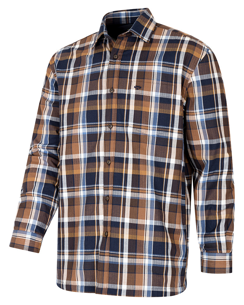 Hoggs Of Fife Arran Microfleece Lined 100% Cotton Shirt Navy/Brown Check